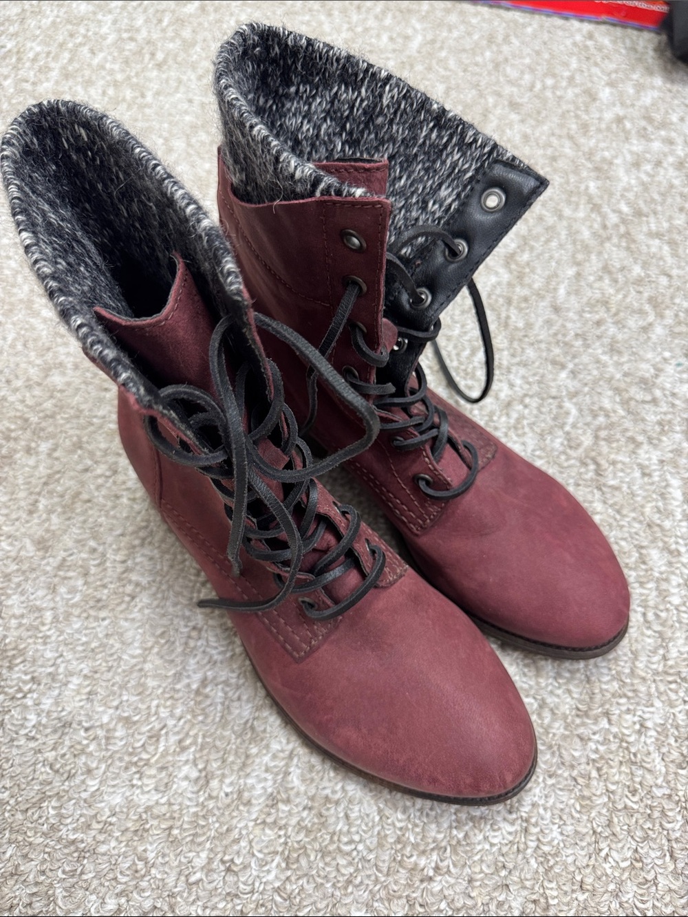 Women's Burgundy Lace-Up Knit-Collar Boots
